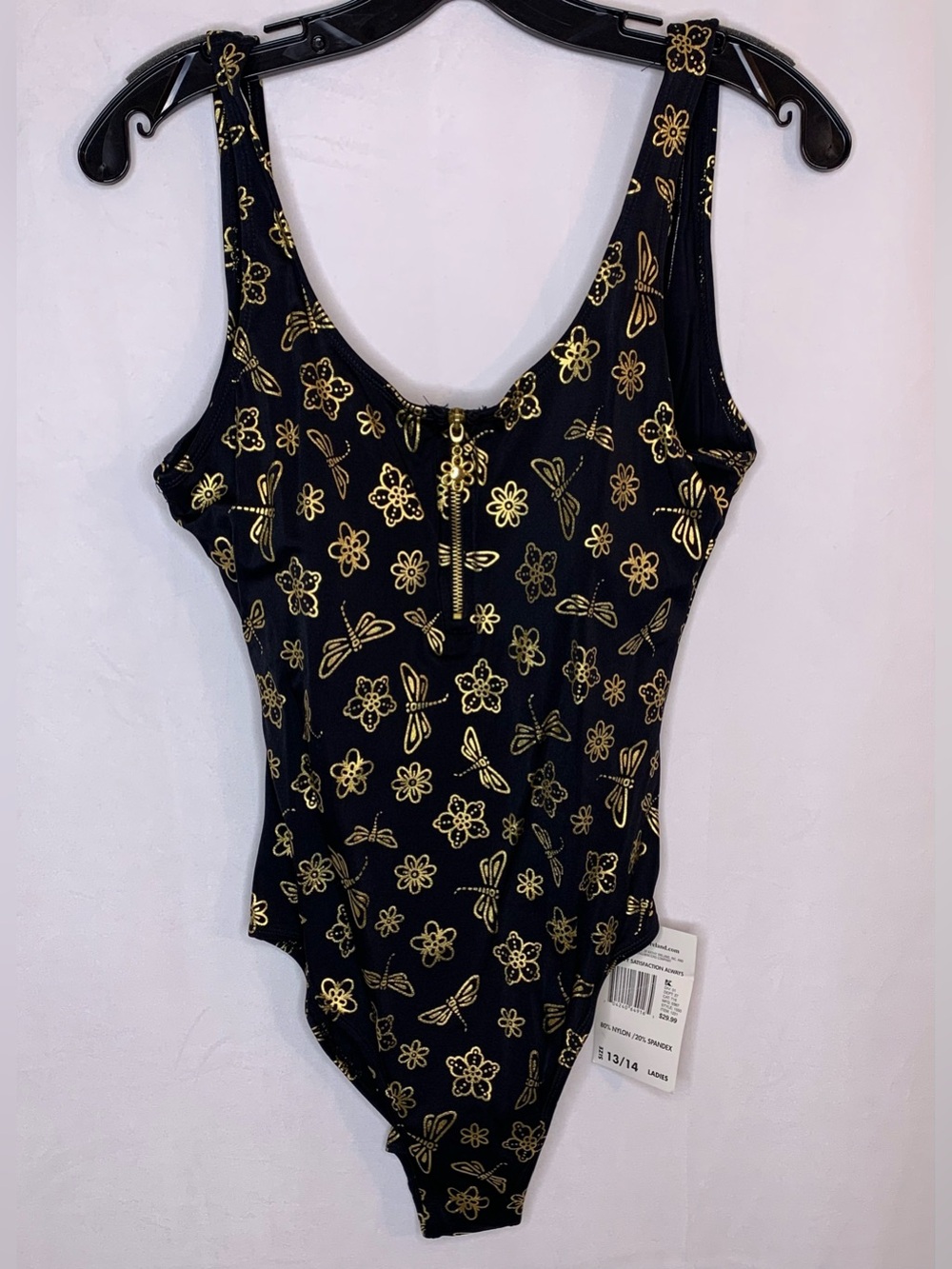 Vintage women’s one piece bathing suit size large black gold floral dragonfly